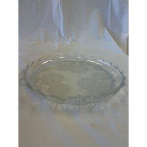Vintage Clear Glass Pie Plate With Floral Etched Design & Scalloped Edges
